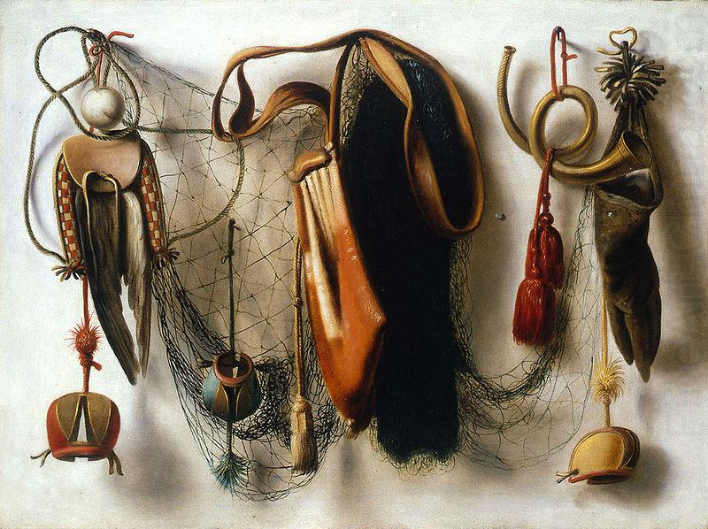 Christoffel Pierson A Trompe l'Oeil of Hawking Equipment, including a Glove, a Net and Falconry Hoods, hanging on a Wall. china oil painting image